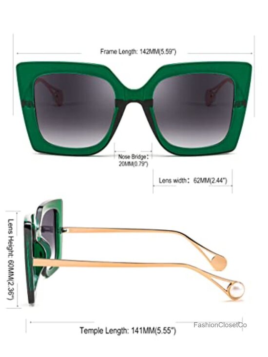 Oversized Square Cat Eye Sunglasses Pearl Inlay Arms UV400 Protection